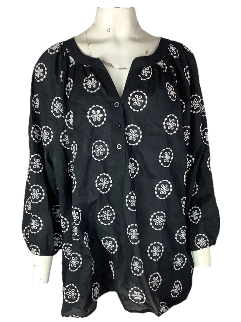 Lane Bryant Sz 24 100% Cotton Eyelet Lightweight Button Peasant Top Black